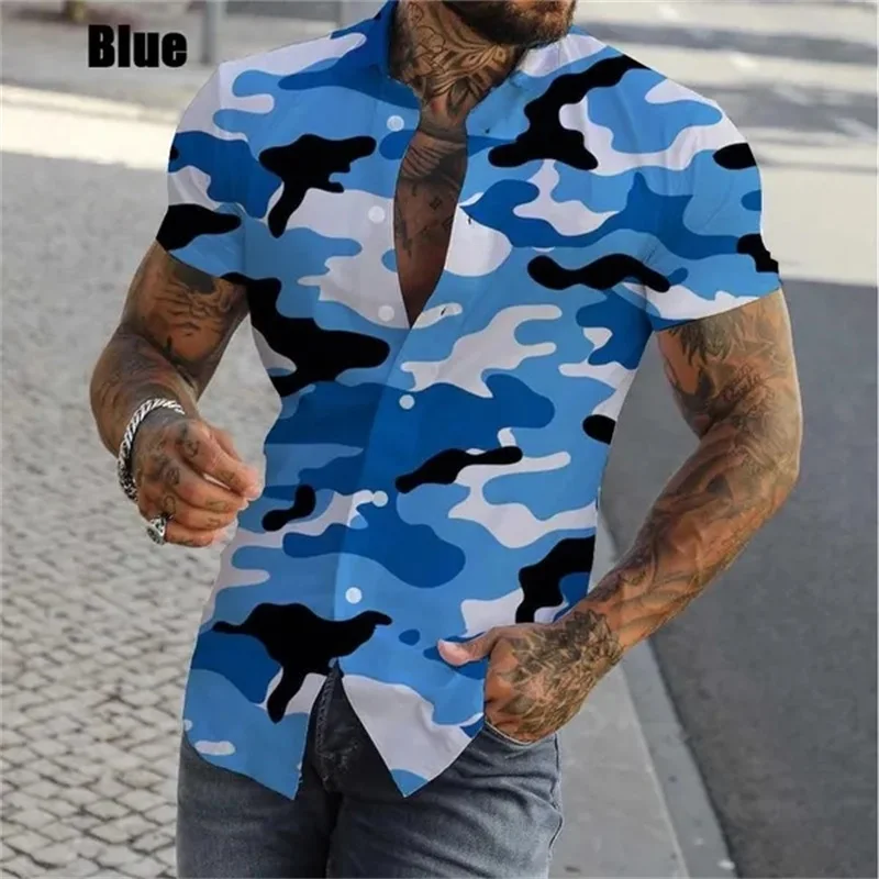 thumbnail image 1 of Camisa de camuflaje ajustada para hombre, camisas casuales con botones y manga corta con estampado 3D para hombre, camisas y blusas de talla grande, tops, ropa de hombre, 1 of 5