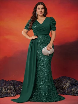 Plus Size Elegant V-neck Sequins Evening Dress Women Short Sleeves Mermaid Formal Luxury Party Streamer Prom Dress 1