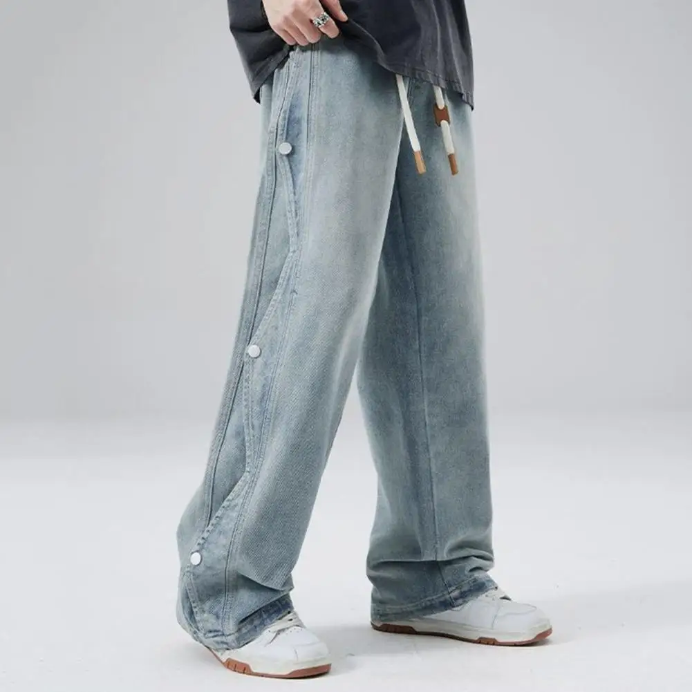 

Men Elastic Waist Jeans Men's Elastic Waist Denim Pants With Adjustable Drawstring Side Buttons Closure Straight For Streetwear