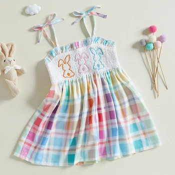 Girls Floral Print Dress Sleeveless Ruffle Hem Bow Tie Back Smocked Dress Toddler A-Line Dress with Embroidery 4