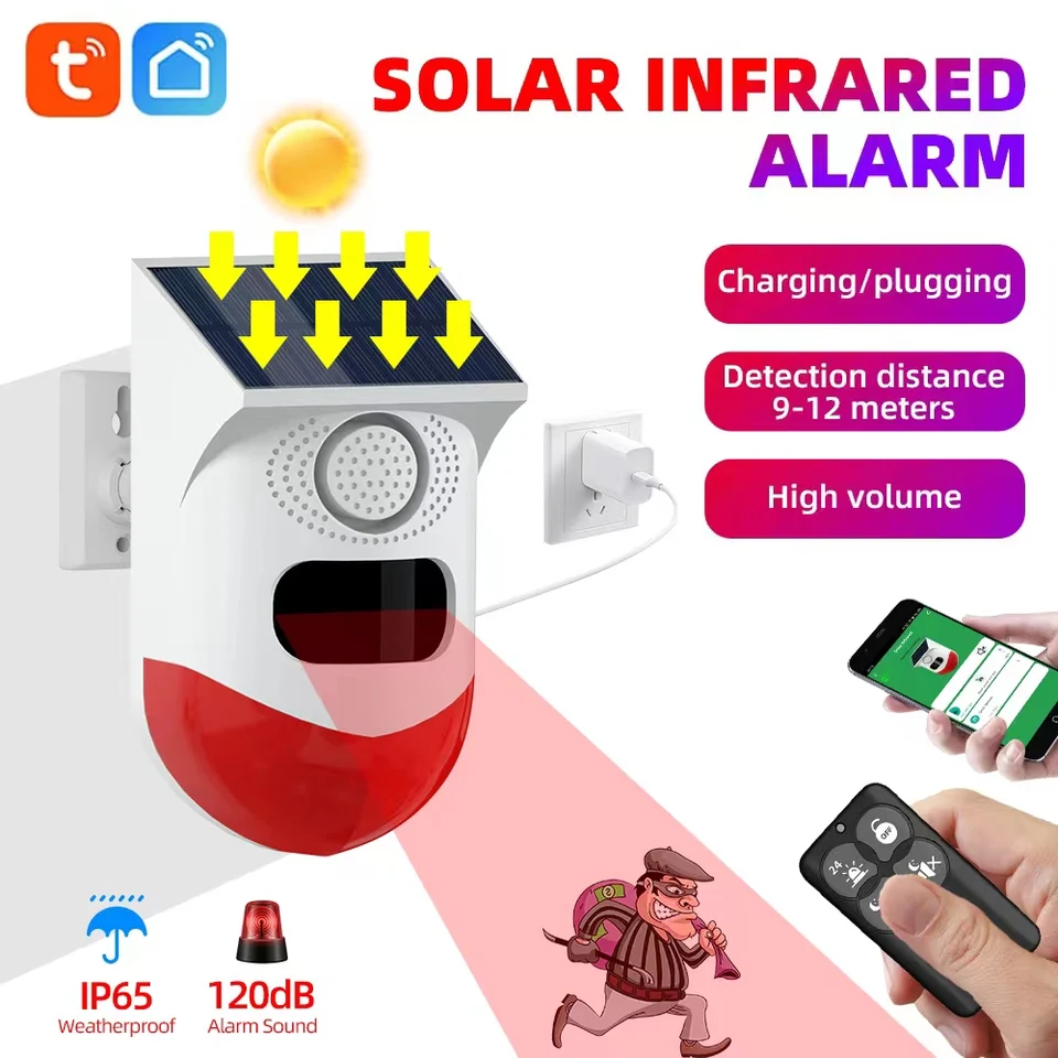 Alarma Sensor Inteligente Exterior Pir Solar Wifi con Sirena 120 Db + Luz  Luminosa Tuya-Ct80wr APP