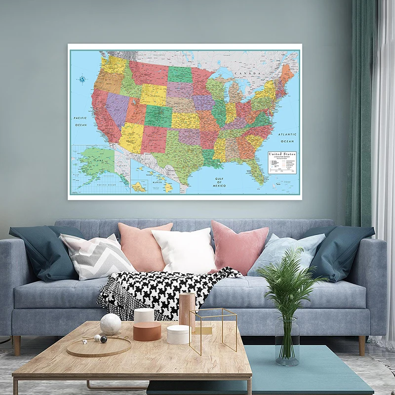 Tela no tejida plegable de 120x80cm, mapa de la administración americana en inglés, Póster Artístico, impresiones sin marco, decoración del hogar, suministros escolares