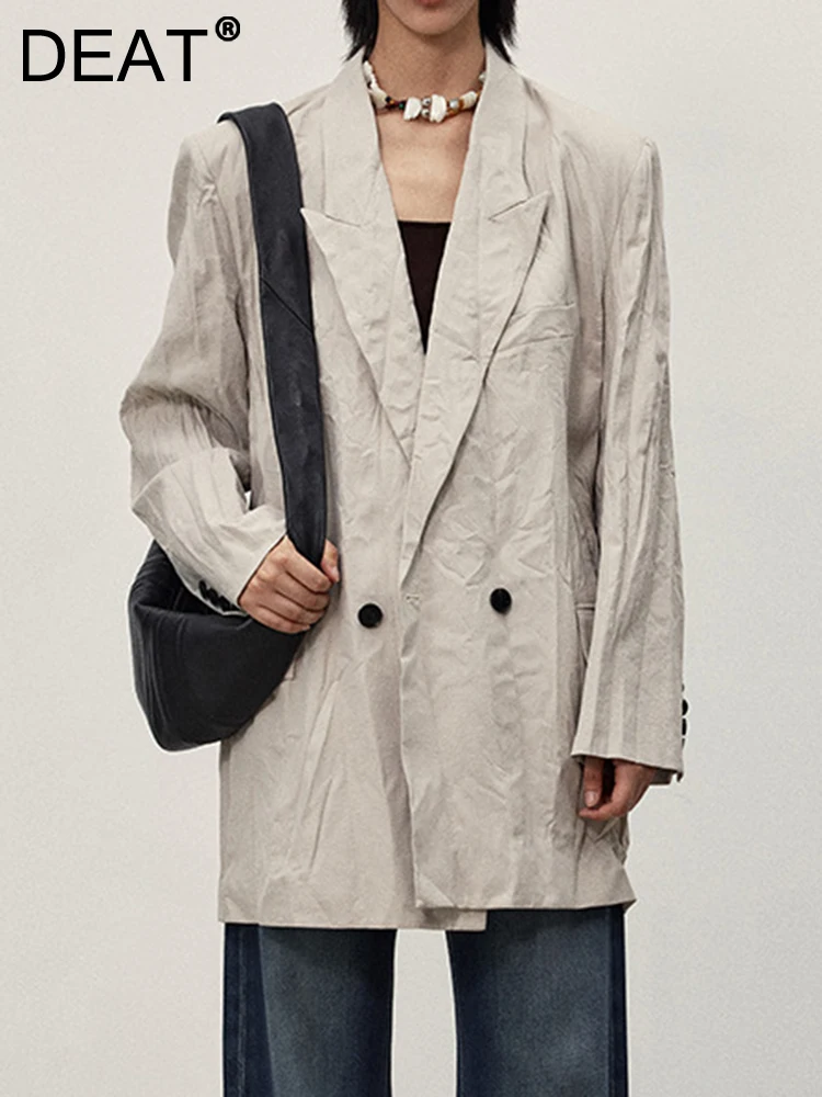 

DEAT Fashion Women's Blazer Notched Collar Double Breasted Pockets Pressed Pleat Solid Color Suit Jackets Autumn 2023 New 7AB533