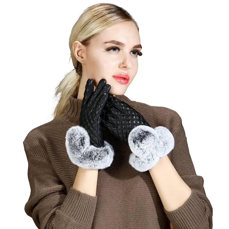 

Women's winter thicken fleece lining glove lady's natural sheepskin leather glove checked plaid rabbit fur driving glove R275