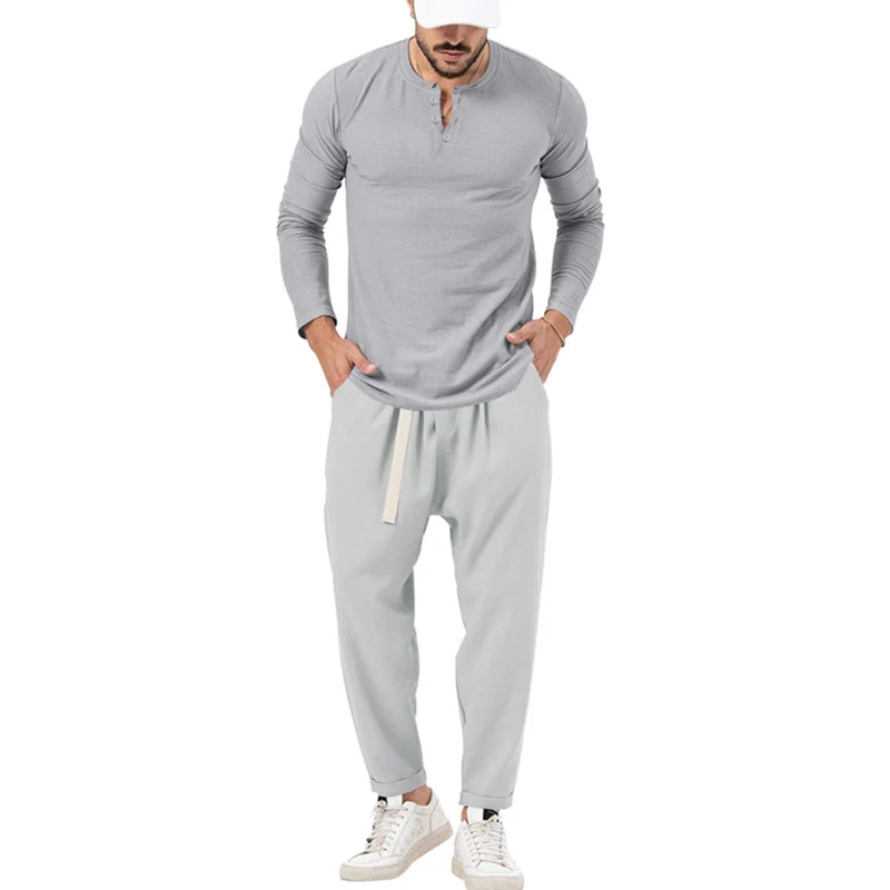 Autumn Henley Neck Long Sleeve Shirt Men Mature Style Suits Solid Color Lace-up Pocket Trousers Male Casual Two Piece Sets Pants