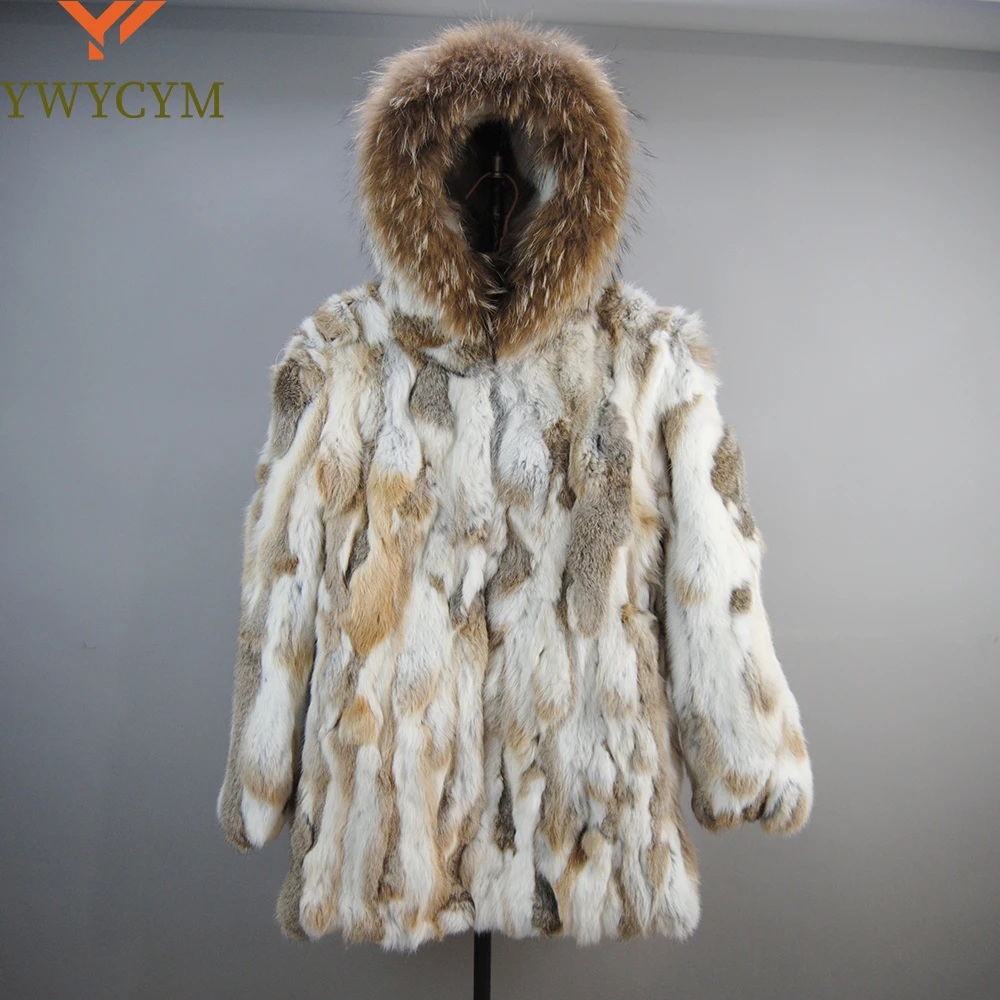 

New Women's Real Genuine Natural Rabbit Fur Coat With Raccoon Fur Hood Lady Fashion Jacket Outwear Custom Any Size Free shipping