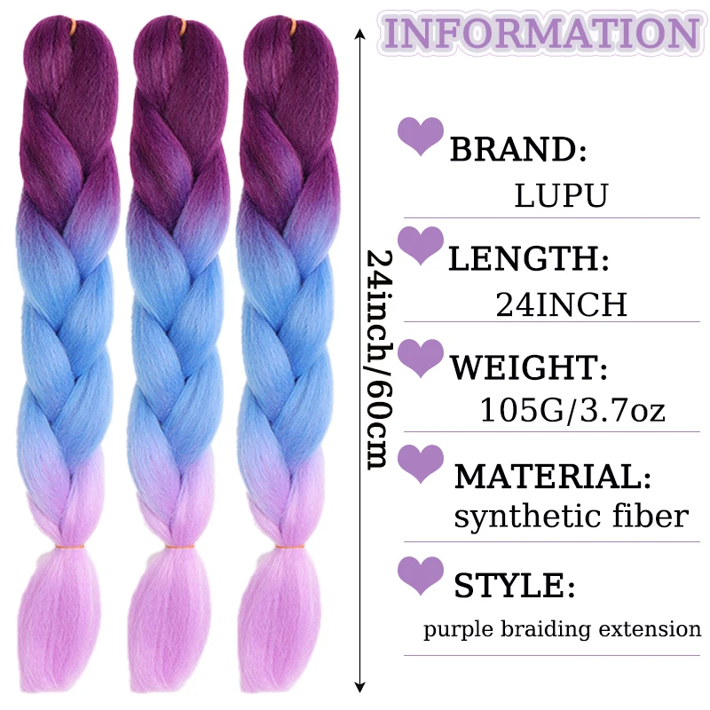 24Inch Synthetic Purple Braiding Hair Extensions Ombre Long Yaki Straight Jumbo Braids Hairpiece Crochet Hair for Women DIY