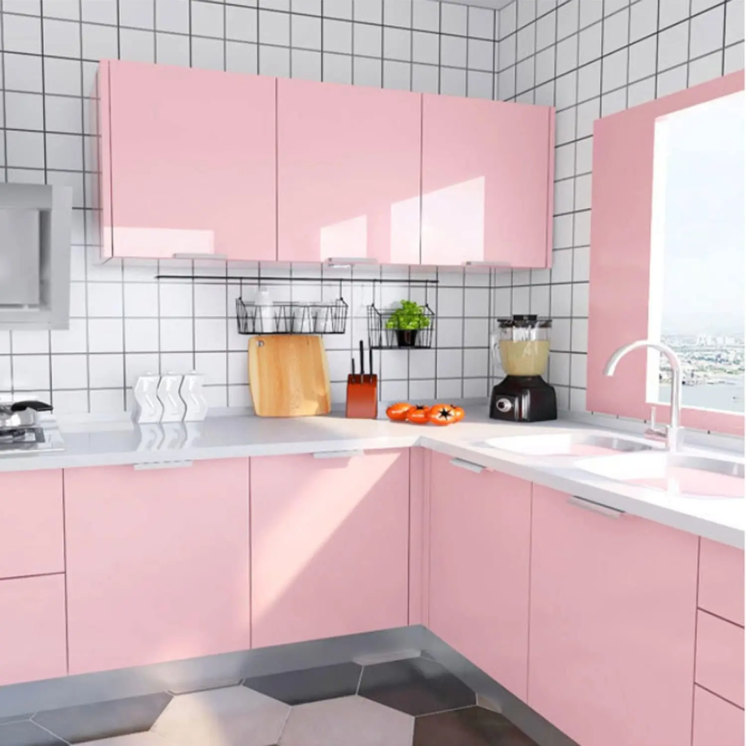 Glossy Pink Wallpaper Vinyl Self Adhesive Waterproof Oil Proof Sticker Kitchen Counter Panels Furniture Renovation Stickers