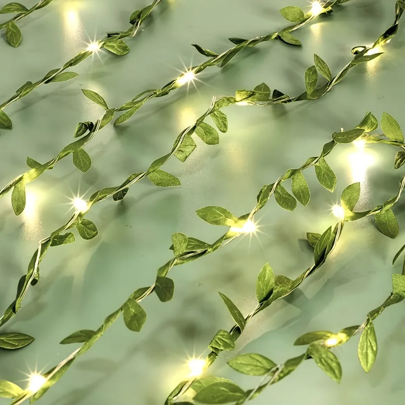 Green Leaf Garland with LED Fairy Lights - Battery-Powered Holiday Decoration