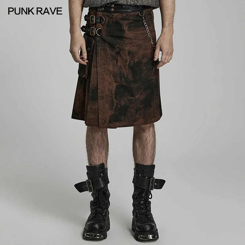 

PUNK RAVE Men's Punk Style Metal Decorative Personalized Print Skirt Pressed Pleat Men Clothing Streetwear Spring and Autumn