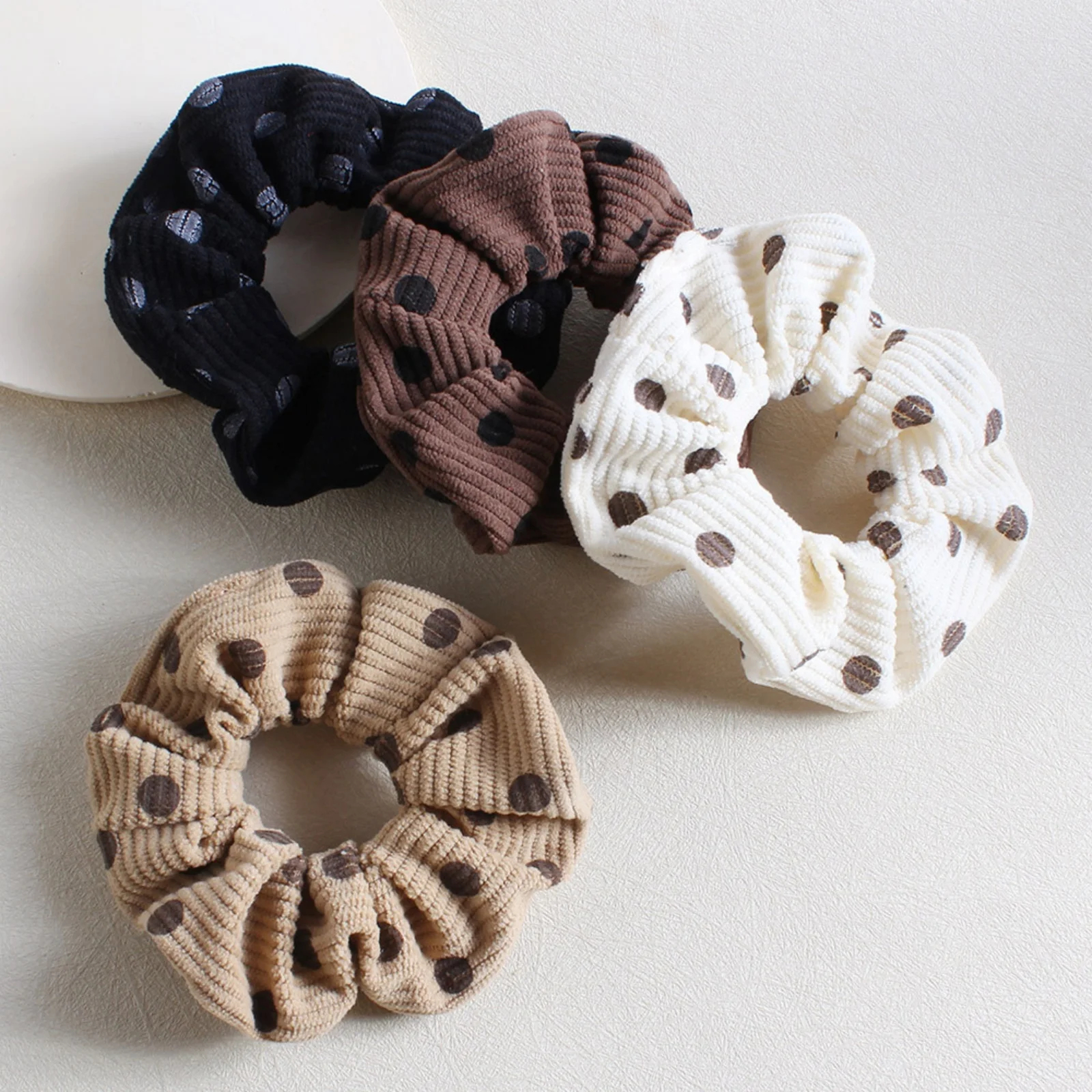 1PC Polka Dot Corduroy Hair Scrunchies Set, Elastic Hair Ties in 4 Colors, Cute Hair Accessories for Women
