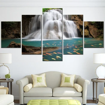5 Pieces Waterfall in Forest Canvas Wall Art HD Printed Poster Aesthetic Home Decor Room Decoration Frames for Pictures