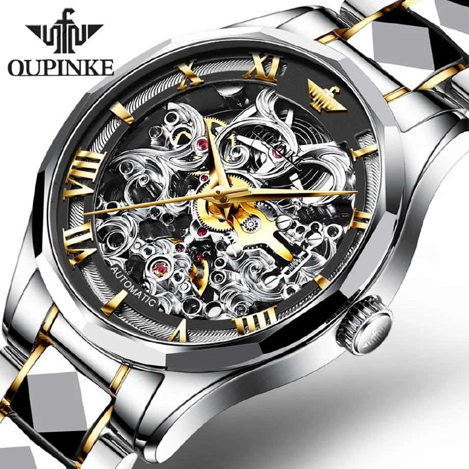 

OUPINKE Top Brand Luxury Men Automatic Mechanical Watch Skeleton Tungsten Steel Waterproof Sapphire Glass Fashion Wrist Watches