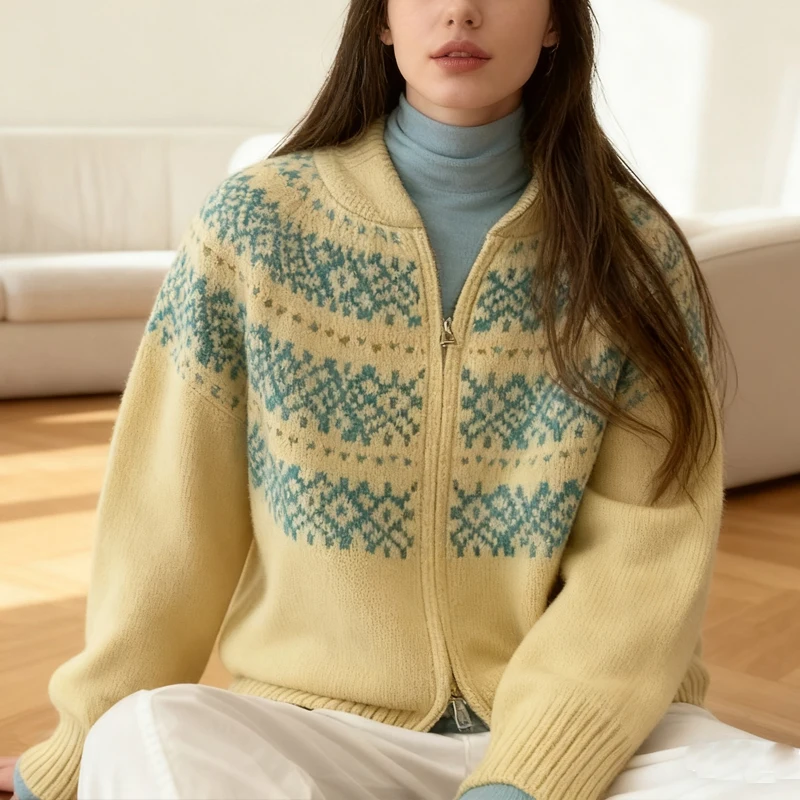 Autumn and Winter Retro New Women's Crew Neck Long-sleeved Cardigan Sweater Casual Knitwear Zipper Loose Fashion Women's Coat