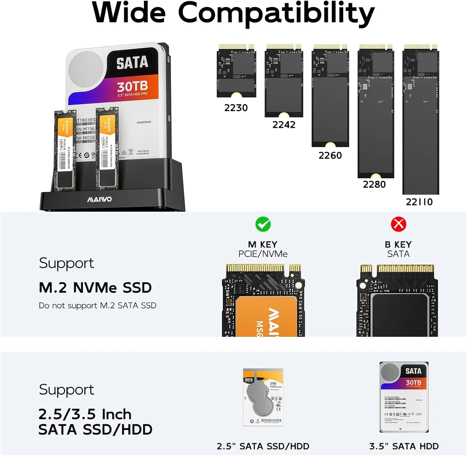 MAIWO 3베이 하드 드라이브 도킹 스테이션 10Gbps, M.2 NVMe SSD 인클로저, 2.5인치/3.5인치 HDD 케이스, PC/노트북용 오프라인 클론 기능 탑재