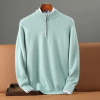 Autumn Winter Thick 100% Mink Cashmere Sweater Men's Semi High Neck Zipper Knitted Pullover Casual Business Warm Menswear Tops 1