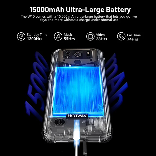 HOTWAV Rugged Large Battery Smartphone Android 12 Mobile Phone 13 MP Camera Cellphone W10 IP68 IP69K 6.53'' HD+ 4GB 32GB 3