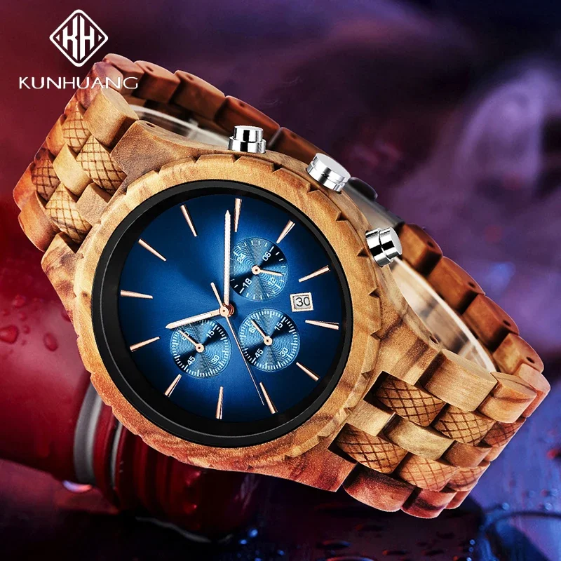Luxury Handmade Wooden Watch with Multifunction Dial and Luminous Chronograph