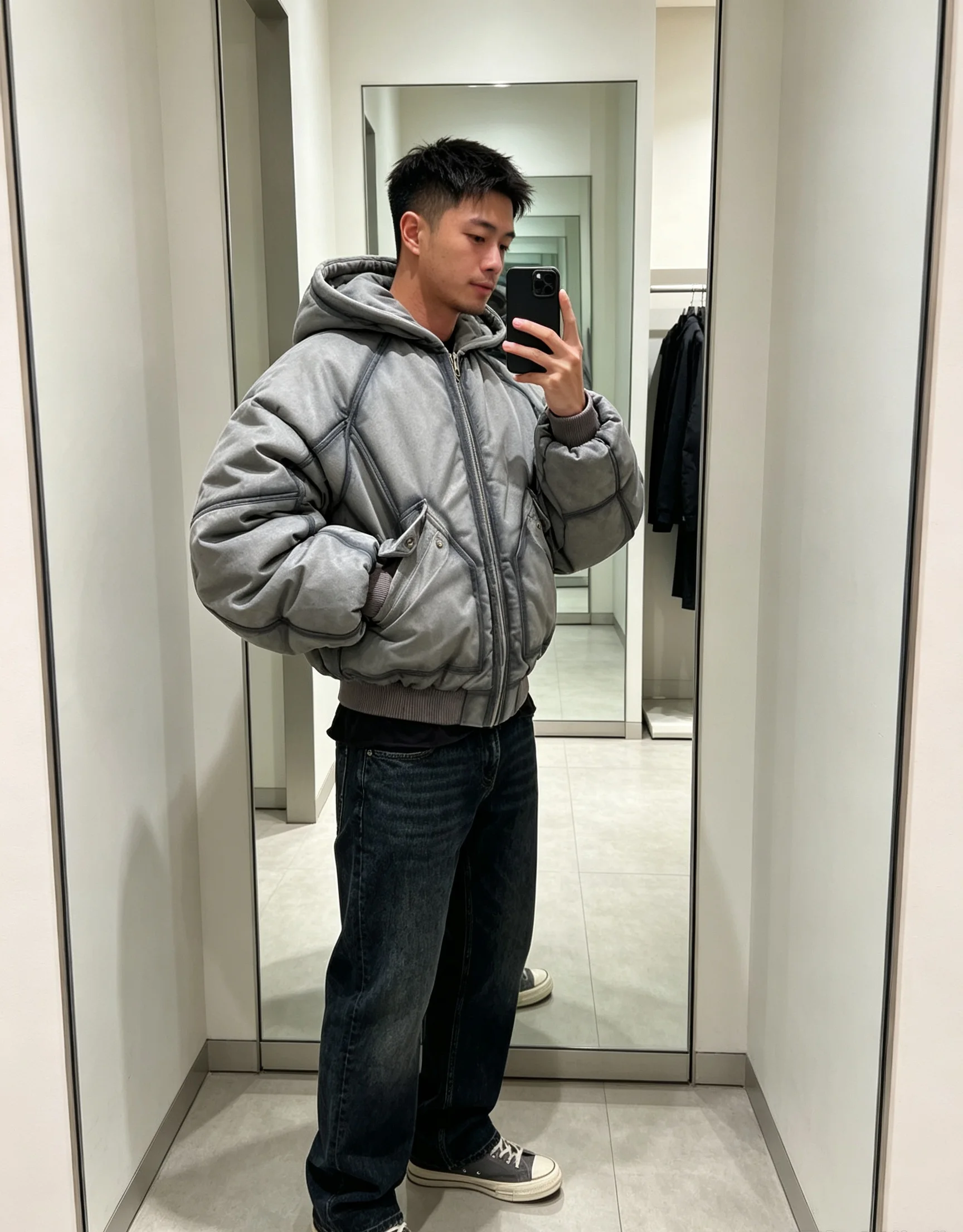 Vintage Goth Men Washed Gradient Bomber Jacket Oversized Hooded Padded Coat Y2K Loose Cropped Outerwear Winter Streetwear Jacket