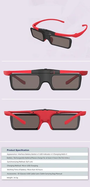 Occhiali 3D Ricaricabili Active Shutter - Compatibili Con Proiettori DLP Link Acer, BenQ, Optoma E Altri - Confezione Da 2 Pezzi