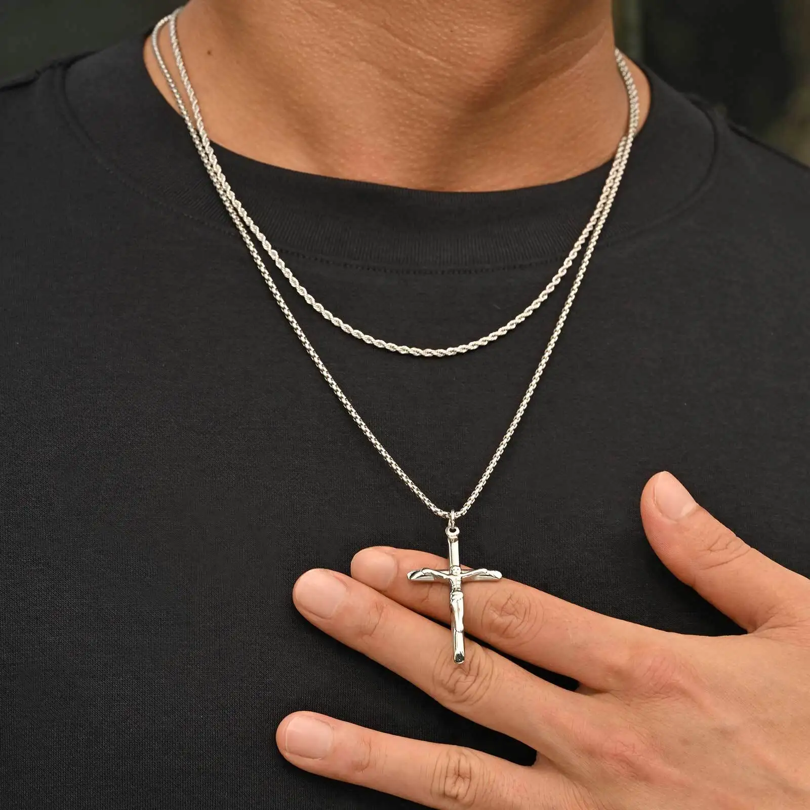 2pcs Catholic Crucifixion Necklace for Men,Stainless Steel Stacked Cross Chain Necklace,Birthday Party Punk Jewelry Gift