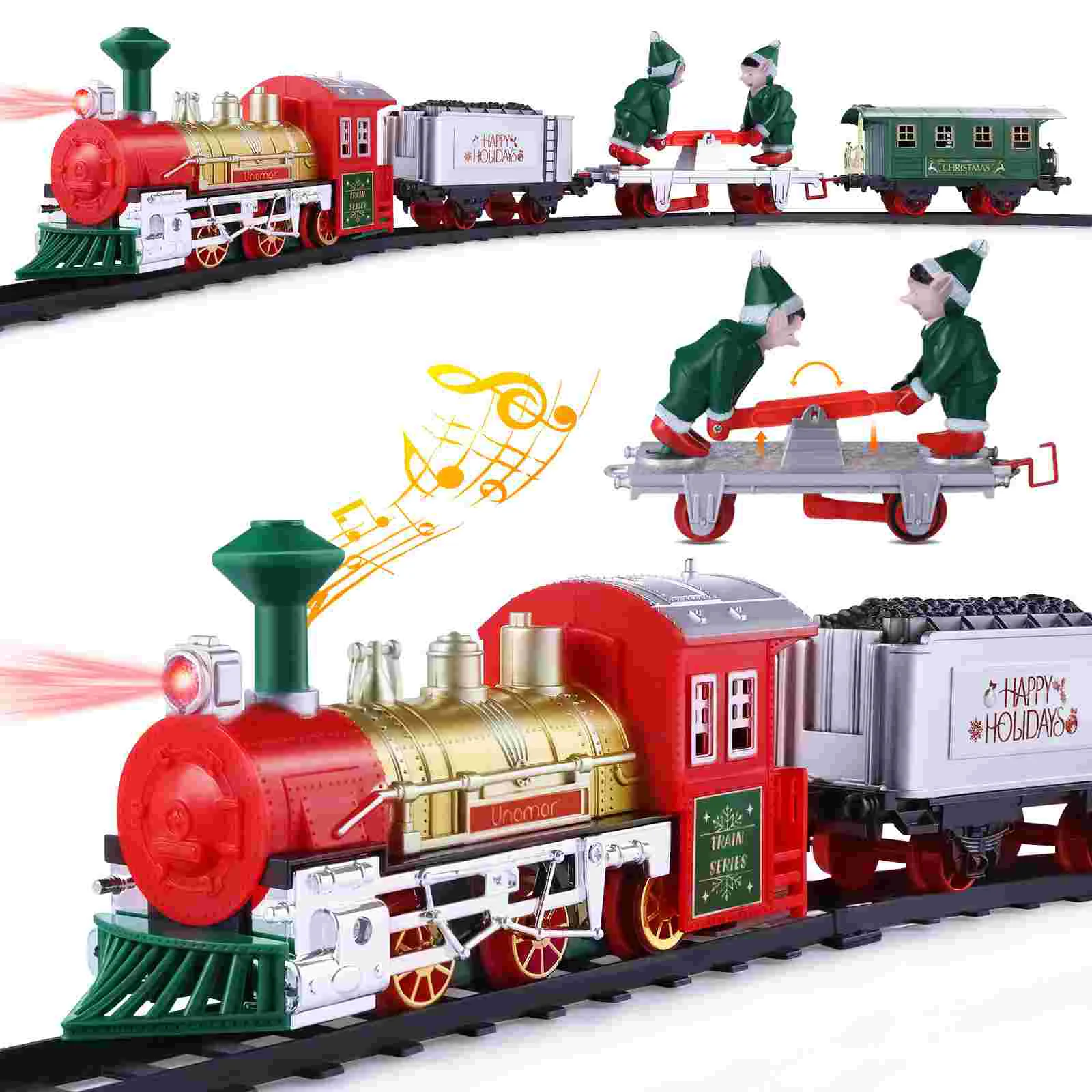 UNOMOR Christmas Train Set Mini Model Train Toy with Sound and Light Powered Kids Toy Train Needs Assemble for Kids classic alloyed pull back yellow taxi car model with light sound effects souvenir ornament boys toys birthday gift for children