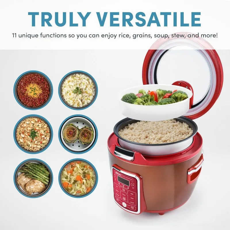 Cool-touch glass lid, food steamer, slow cooker, multi-cooker with 11 preset functions, steam tray, measuring tool, rice spatula 2