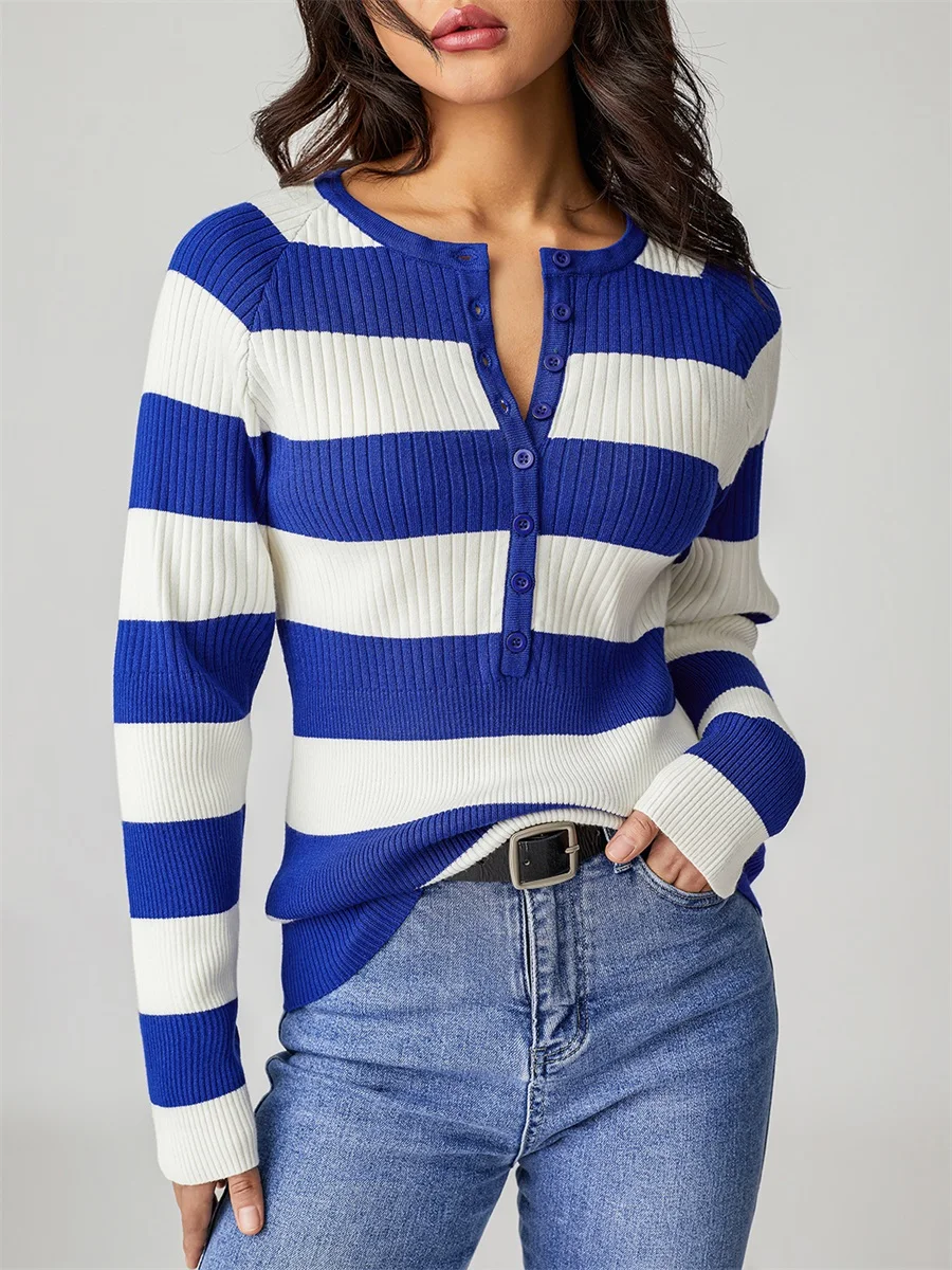 

Женский трикотажный топ в рубчик, в полоску, с длинным рукавом, на пуговицах, футболка, Повседневная облегающая туника, топы, уличная одежда, блузка Y2k