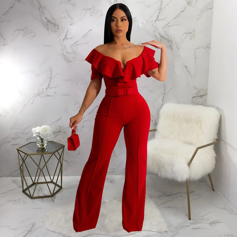 New Vintage Women Butterfly Sleeve Zipper Back Sashes High Waist Straight Wide Leg Jumpsuit 2023 Party Evening One Piece Set