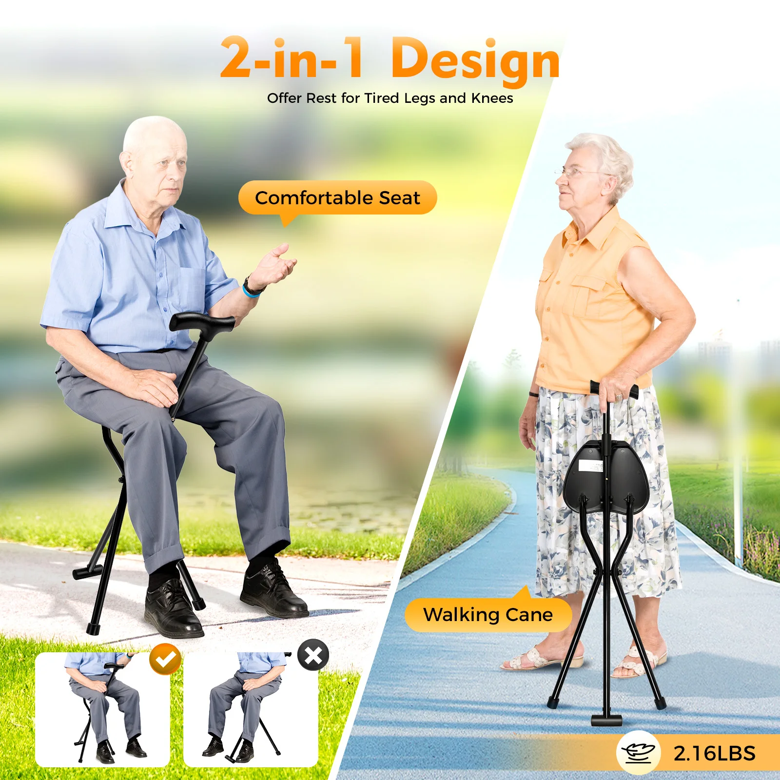 Portable Cane Seat,Folding Walking Stick With Seat,Max.113Kg For Elderly Walking In The Park, Fishing Leisure, Foldable Tripod 2