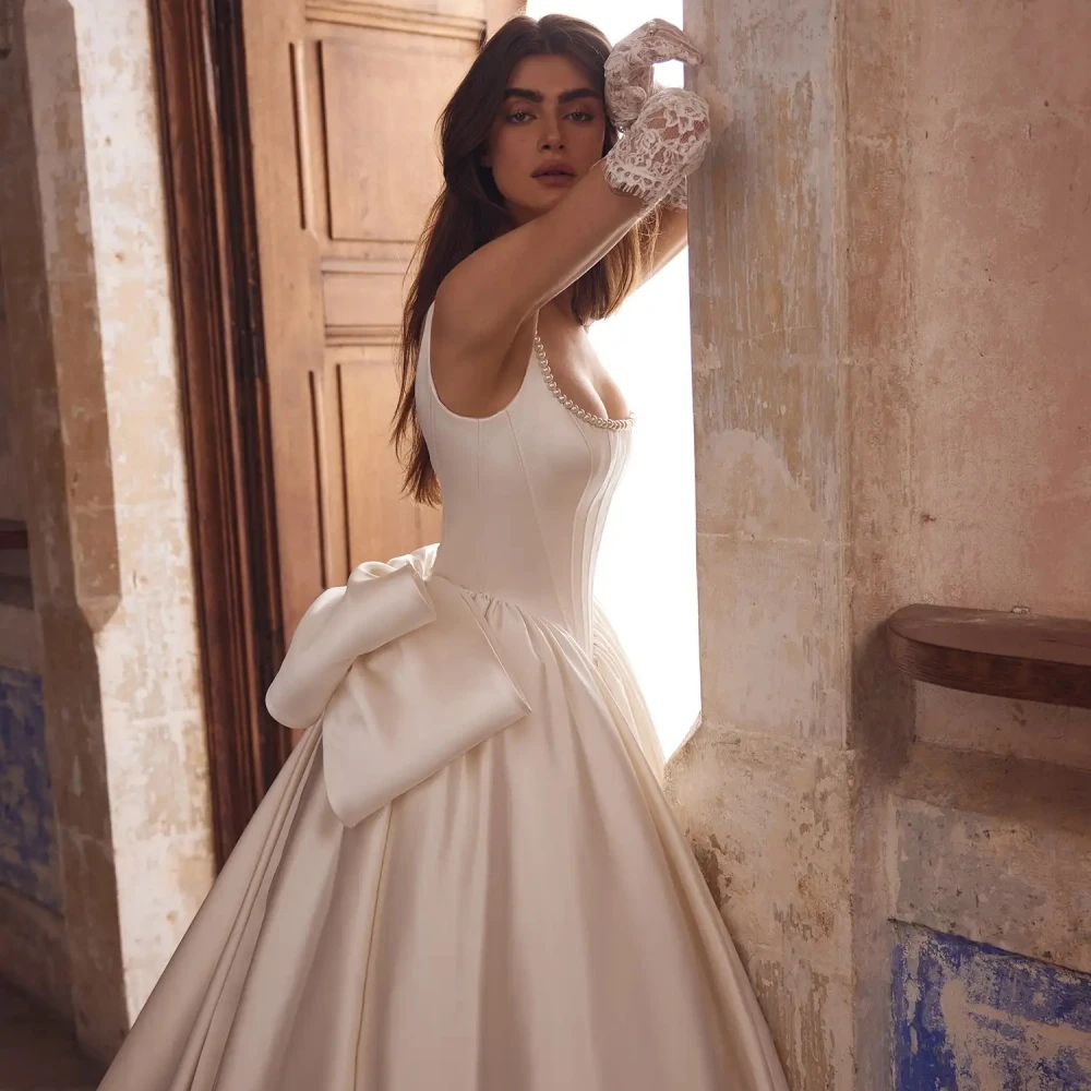 Graceful Strapless Sleeveless Wedding Dress Glitter Hand-sewn Pearls Bride Robe Vintage Satin A-line Bridal Gown Robe De Mariée 3