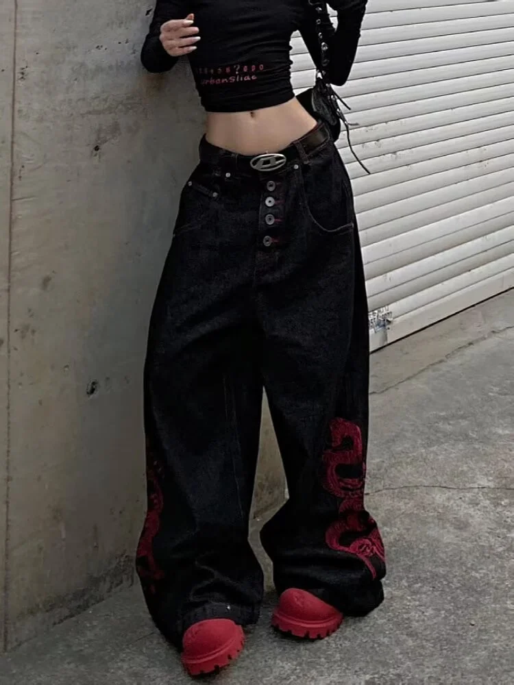 Y2k Embroidered Red Snake American High Street Retro Heavy Industry 3D Black Jeans for Men and Women Street Loose Wide Leg Pants 4