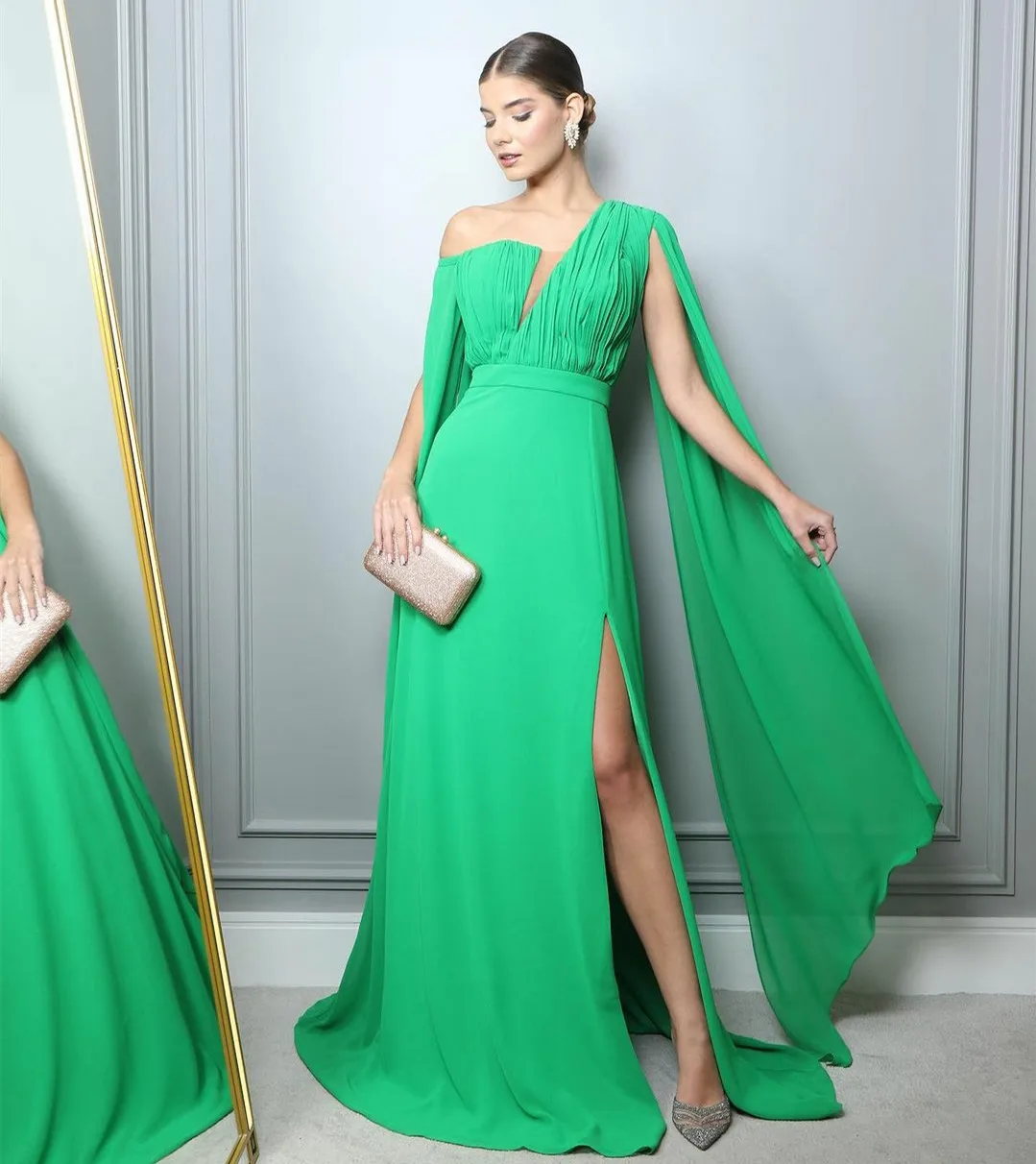 

Long Green One Shoulder Pleated Evening Dresses With Slit Sheath Small Train Vestidos de Noche Prom Gowns for Women