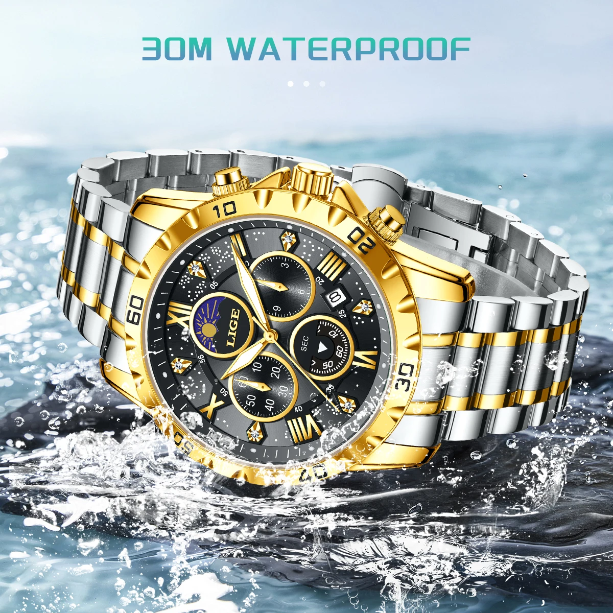 LIGE Luxury Stainless Steel Luminous Men's Chronograph Watch