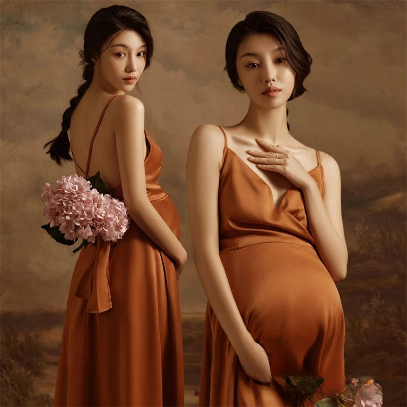 Dvotinst Women Photography Props V-neck Maternity Dresses Sleeveless Backless Pregnancy Dress Studio Photoshoot Photo Clothes