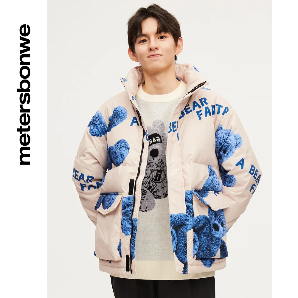Metersbonwe Down Jacket Men Winter Warm Coat Couple Anti-snow Short Big Pocket Youth Printed Cartoon Down Coat Brand Outerwear