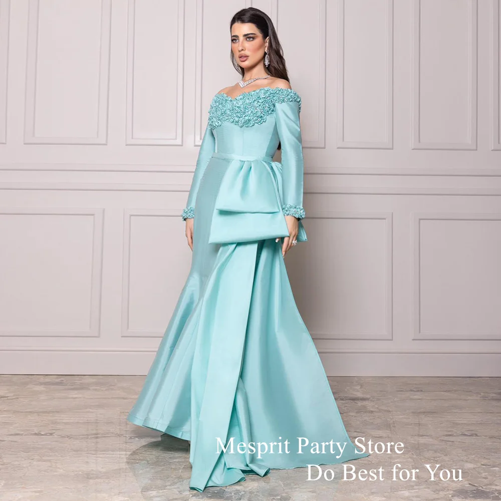 

Mesprit Mint Mermaid Evening Dress Gorgeous Long Sleeves Beads Flowers V Neck Saudi Arabian Prom Gown Dubai Party Dresses