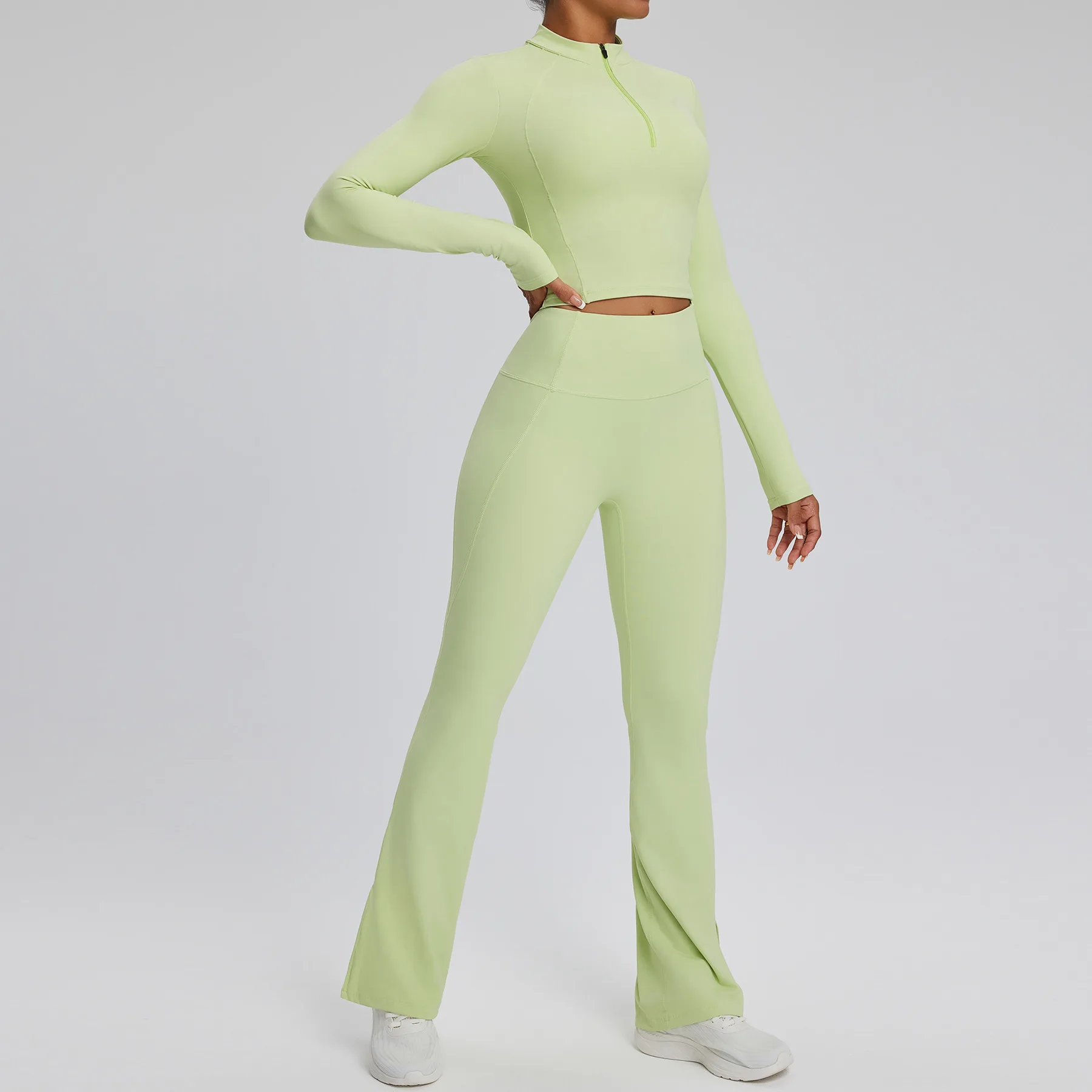 Women's Yoga Suit Tight Fitting Sports Set Workout Breathable Fitness Bra Gym Long Sleeve Crop Top Bell-bottoms Leggings 2pcs sports bra set,gym workout set,yoga pants set,yoga set,fitness set,sportswear set,sports set