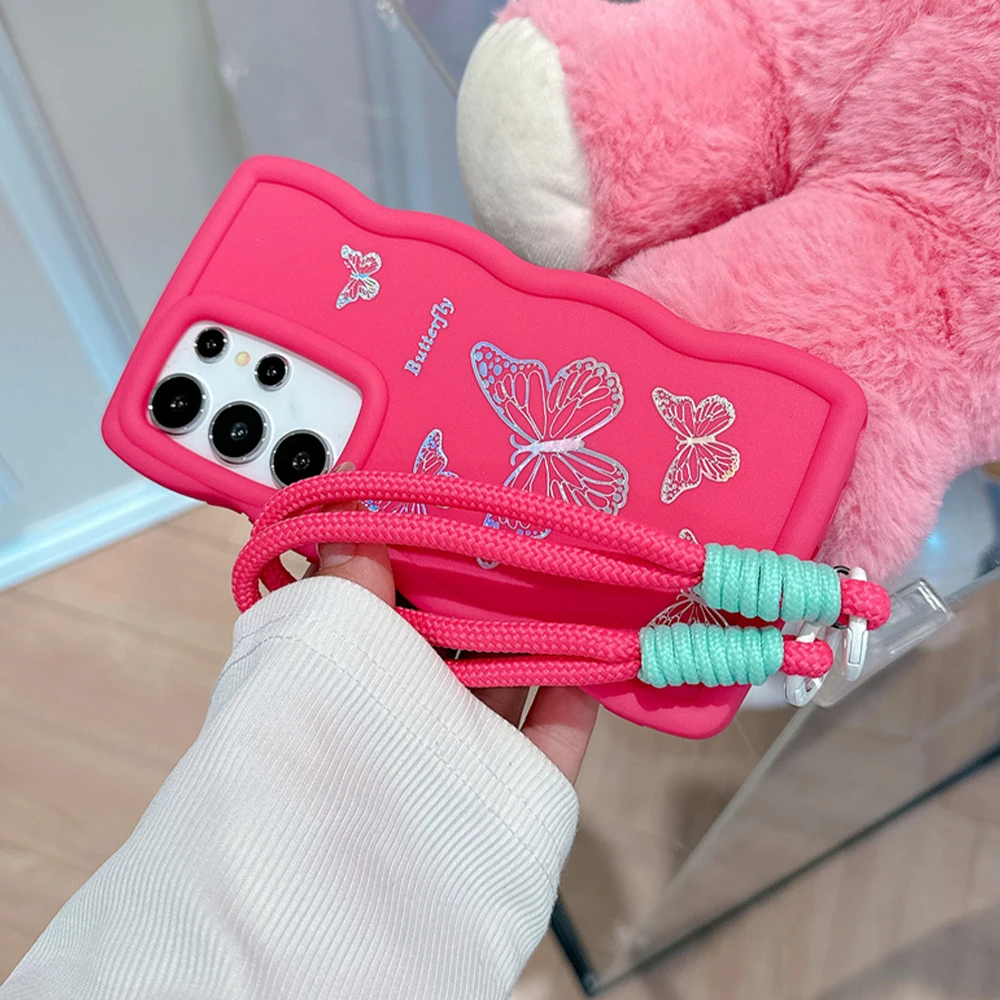 Étui de téléphone avec dragonne en silicone ondulé pour Samsung S24 S23 S22 Ultra S21 FE A55 A54 A53 A52 A35 A15 A12 A05 5G_voghion.com