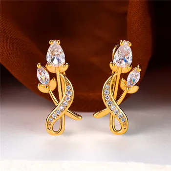 Luxury Female White Zircon Stone Flower Clip Earrings Yellow Gold Color Wedding Jewelry For Women