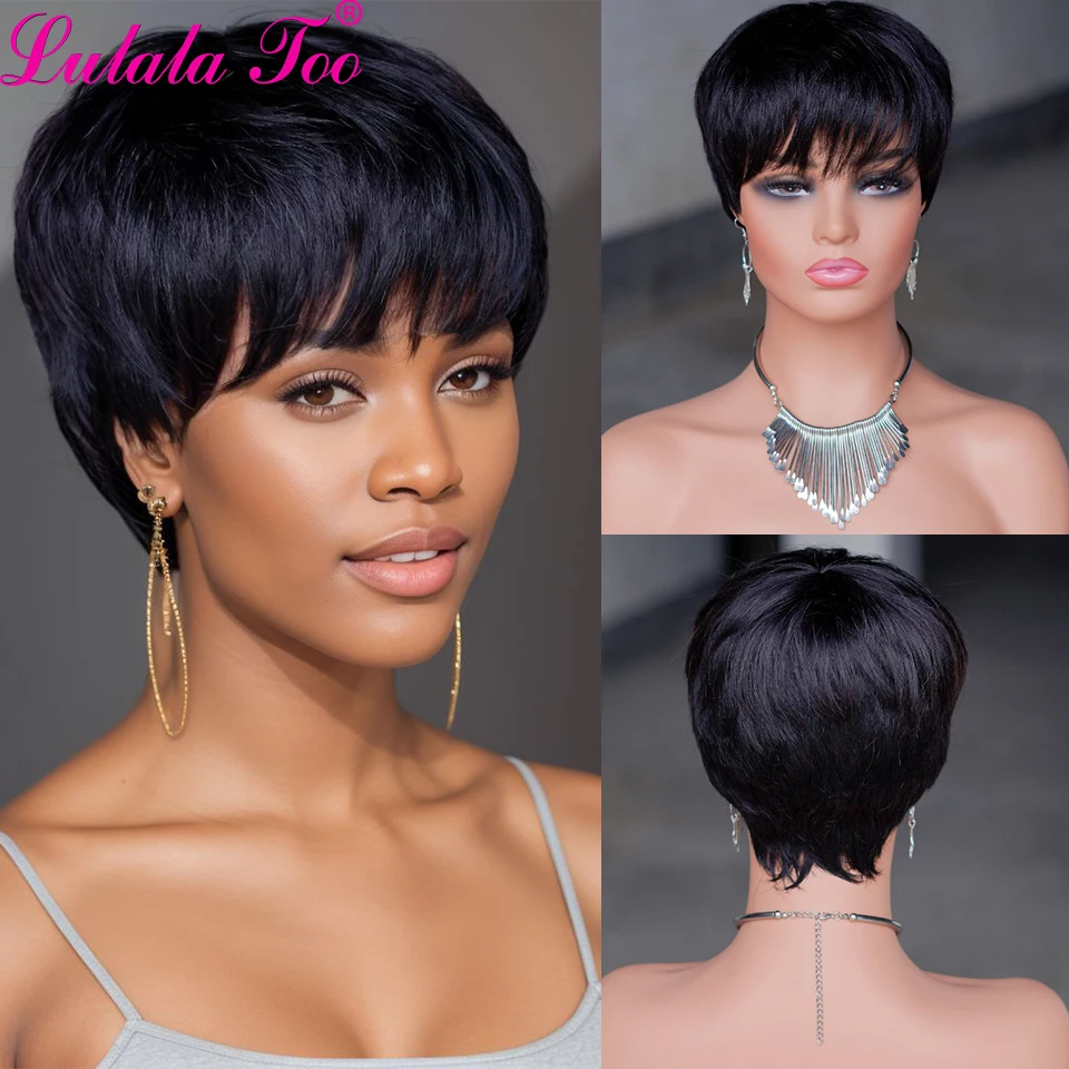 Short Human Hair Wigs Pixie Cut Straight perruque bresillienne for Black Women Machine Made Wigs With Bangs Cheap No Lace Wig