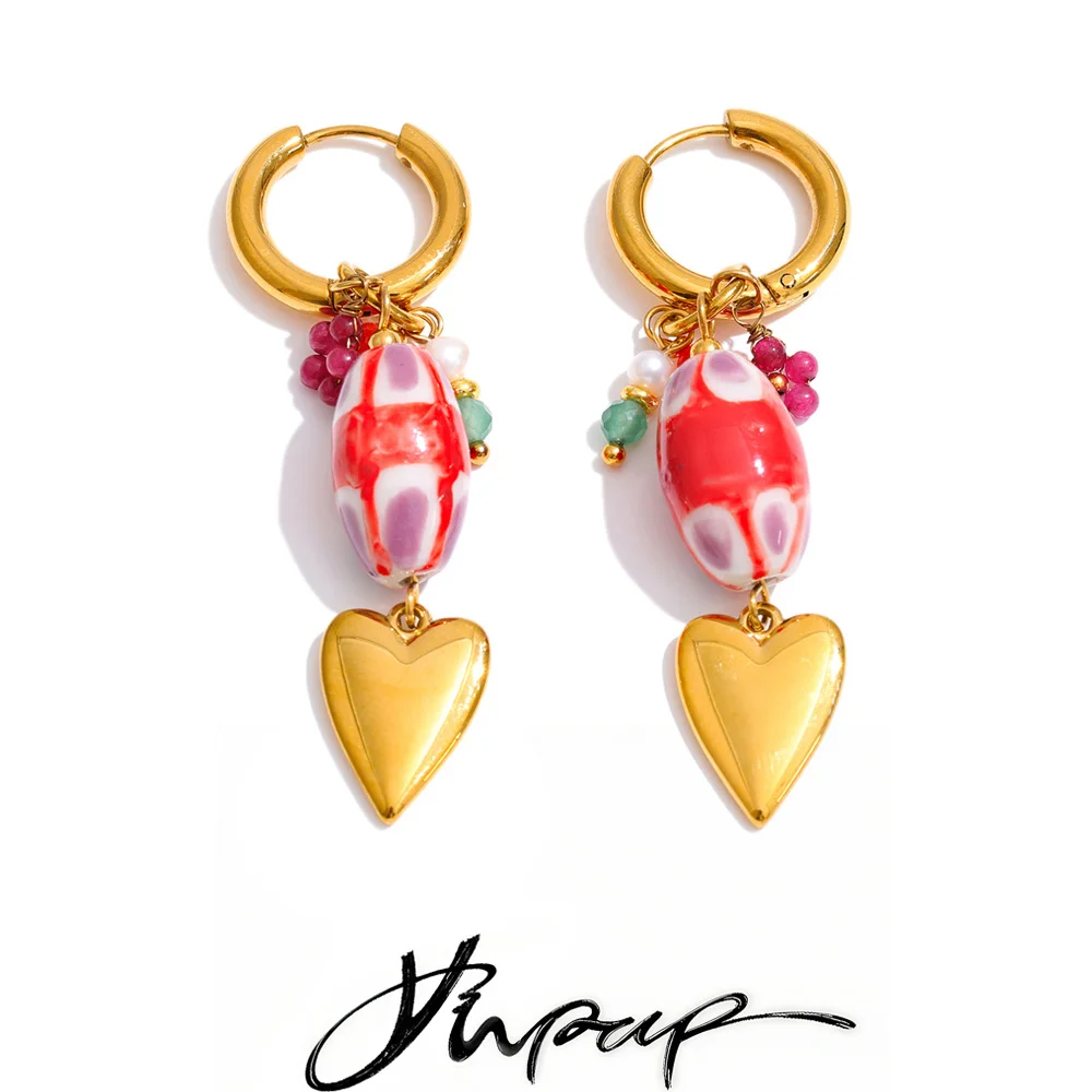 Yhpup Earrings Stainless Steel Red Ceramic Heart Drop Hoop