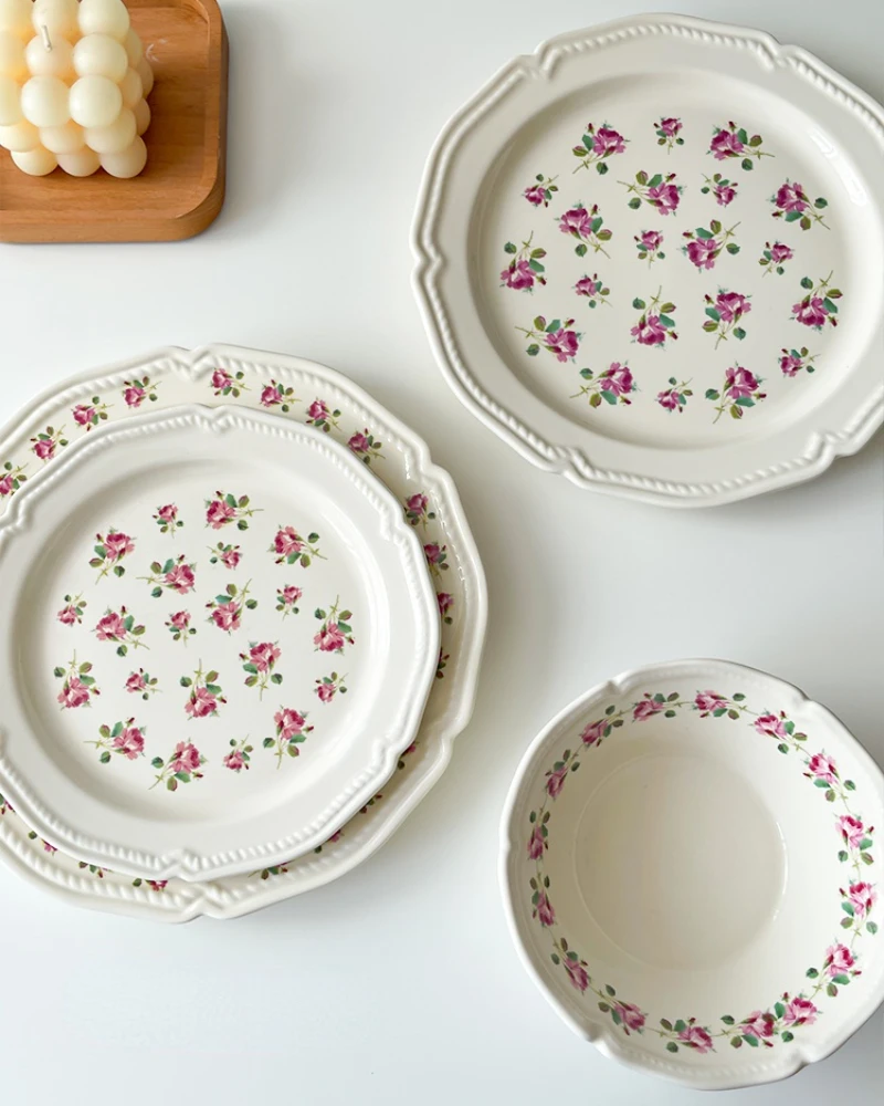 

French Flower Ceramic Dessert Plate, Pasta Plate, Cake Plate, Floral Cute Bowl