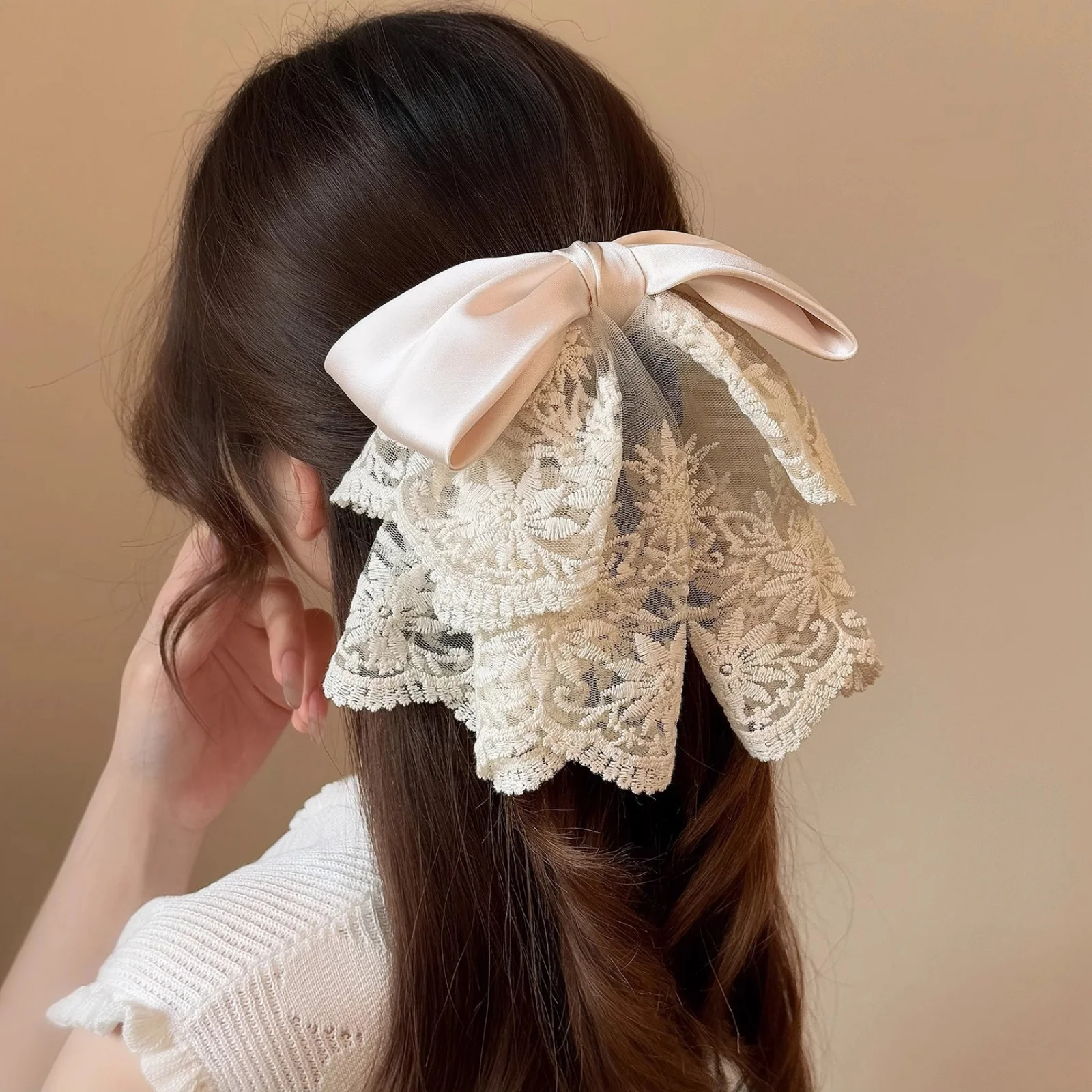 1PC Lace Satin Bow Hair Clip, Elegant White Hair Accessory, Feminine Lace Bow Hair Decor, Stylish Daily Hair Ornament