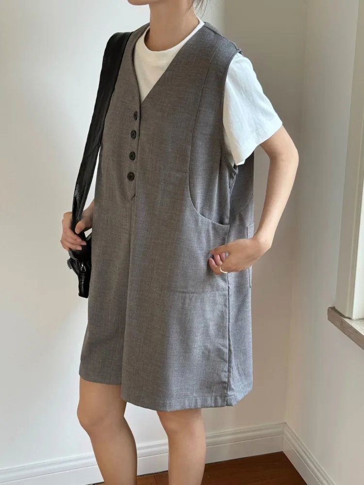 [LANMREM] Fashion Wide Leg Jumpsuit For Women Solid V Neck Sleeveless Office Lady Loose Clothing 2024 Summer New 26D9354