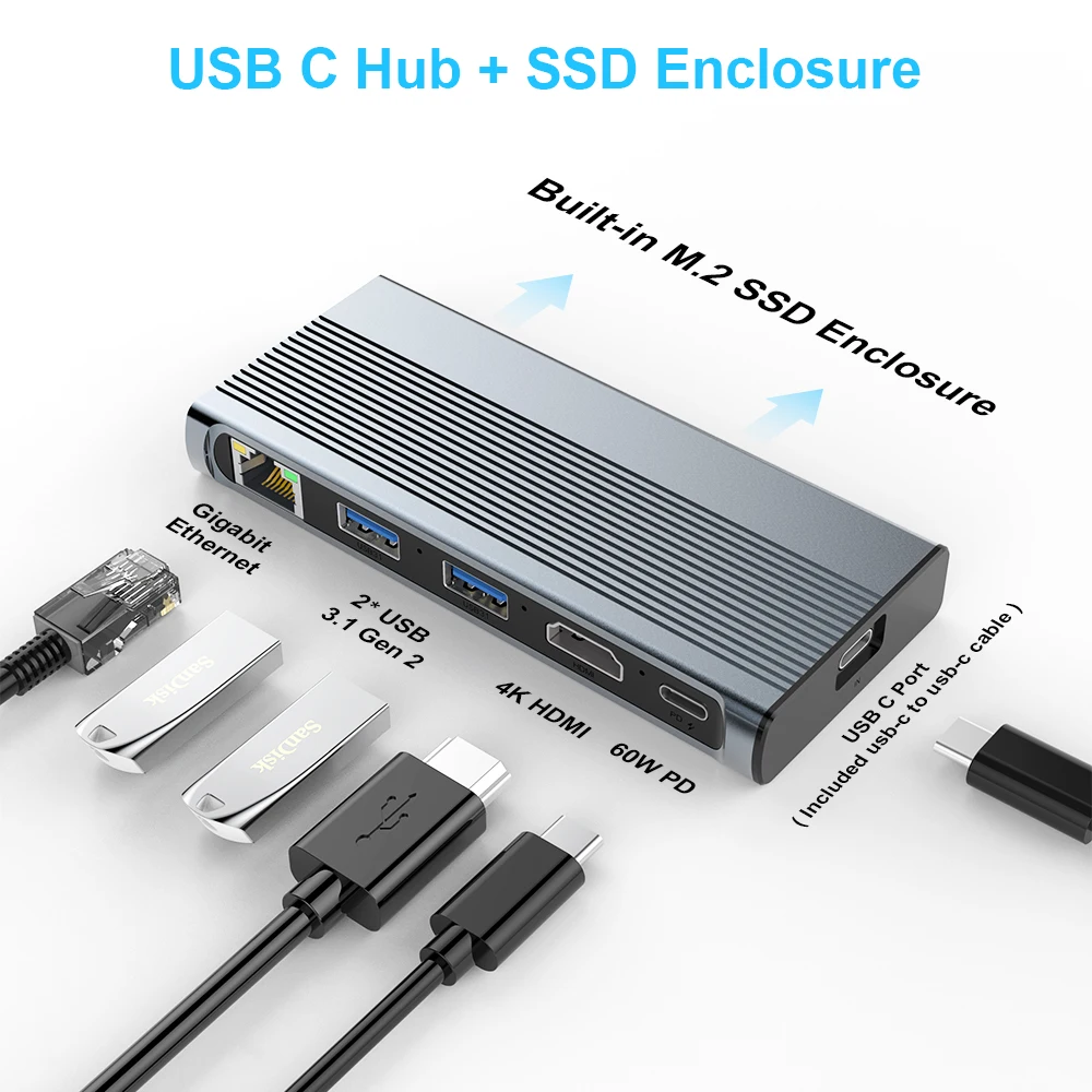 6 in 1 M2 NVME NGFF SSD Enclosure USB Adapter USB 3.1 Gen 2 10Gbps SSD Reader with HD 4K 1000M LAN PD100W HUB NVMe Case