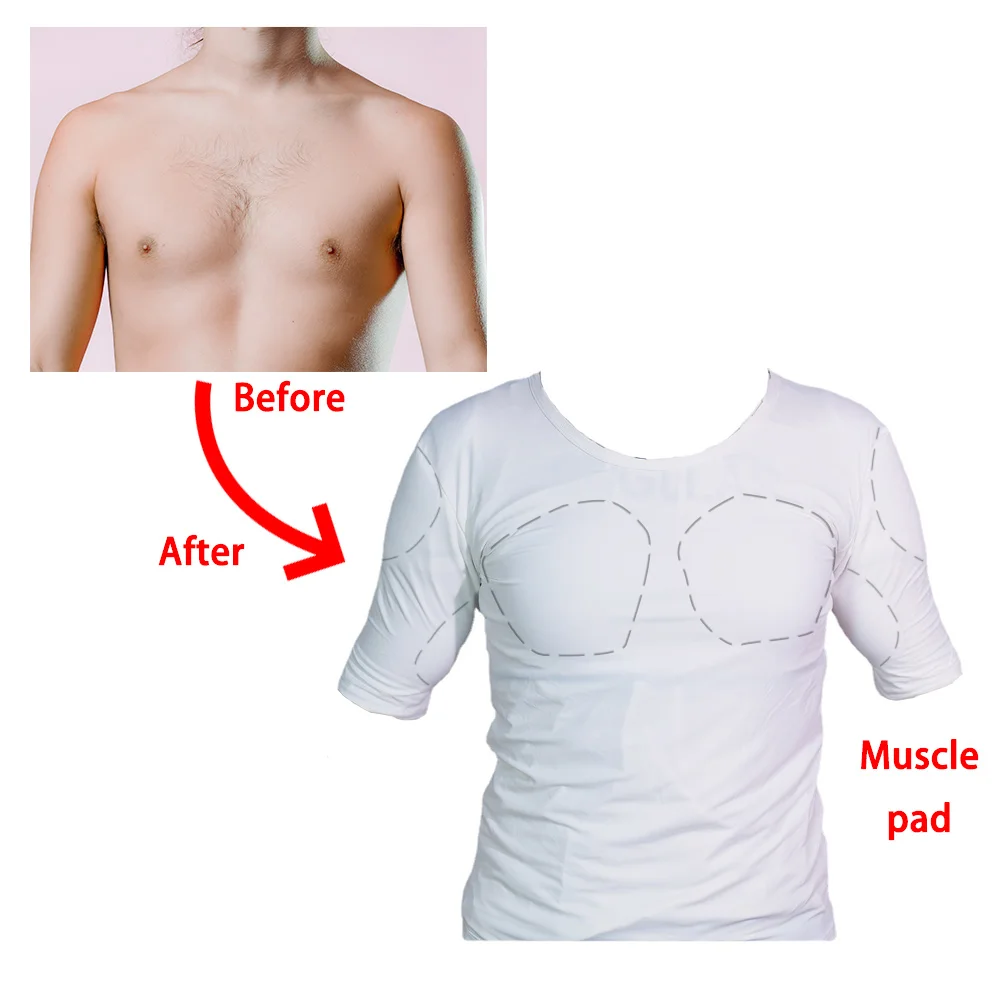 Man 3D Body Shaper Fake False Muscle Chest T-Shirt Sponge Shoulders Padded Underwear Compression ABS Anime Cosplay Costume 2