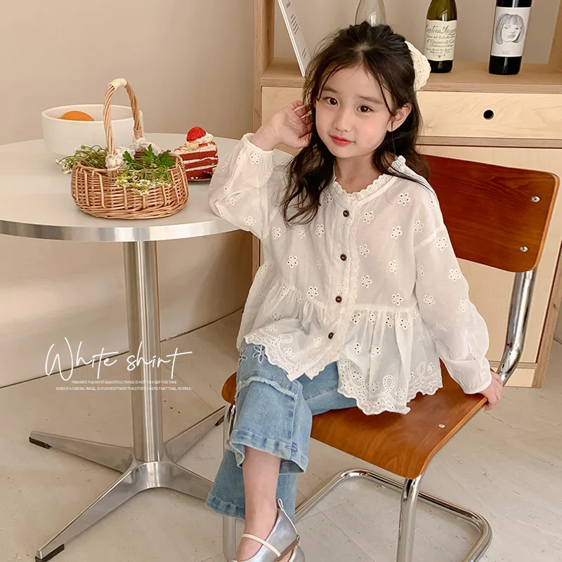 

2024 Spring Autumn Child Baby Girls 2PCS Clothes Set Cotton Long Sleeve Floral Blouses Denim Pants Suit Kids Girls Outfits