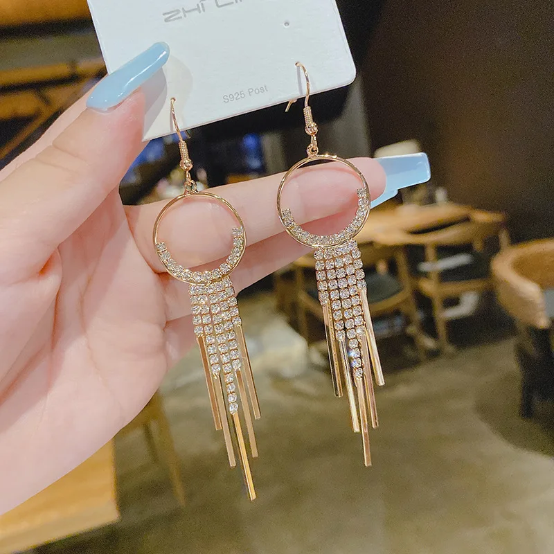S1824e59b4fc741deb9db80957fcd9a1de Long Dangle Earrings For Women New Fashion Multi-layer Crystal Zircon Tassel Drop Earring Gold Color Luxury Jewelry Mallzona