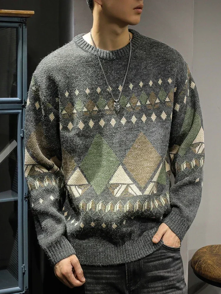

Knitted Sweaters for Men Argyle Pullovers Plaid Man Clothes Graphic Plus Size Sweat-shirt Japanese Retro Korean 2023 Autumn Neck